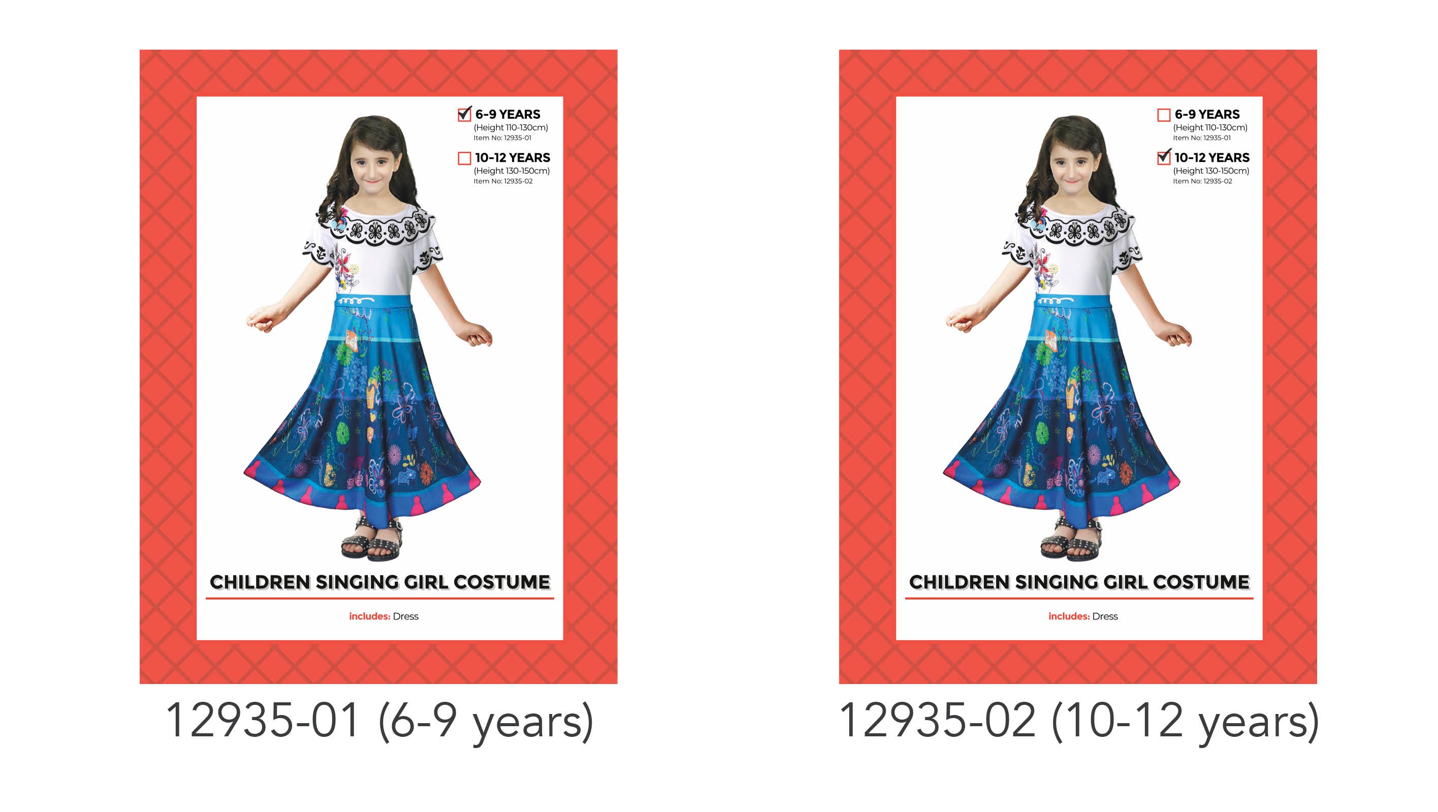 white top with black floral ruffle neckline; blue skirt with floral and nature print; kids dress; model wearing sandals;