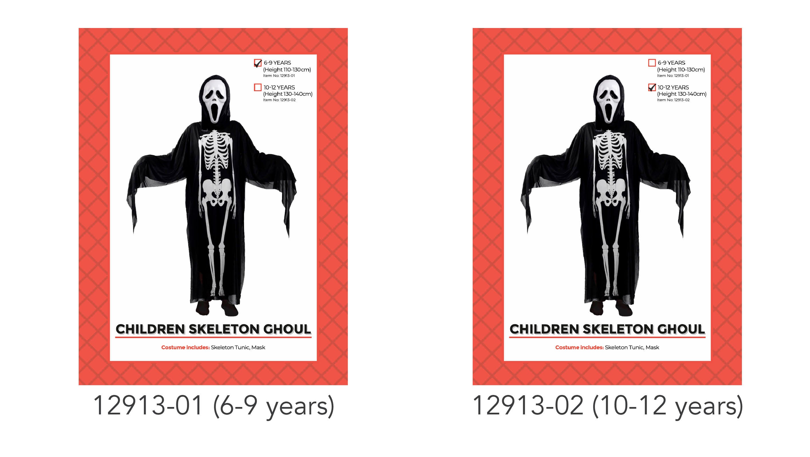 black tunic with white skeleton print; white ghost face mask; long sleeves with tattered design; child-sized costume;