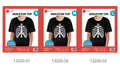 Black short sleeve top; White skeleton ribcage print on front; Round neckline; Available in sizes S, M, L; Packaging shows age ranges 4-6, 7-9, 10-12 years;