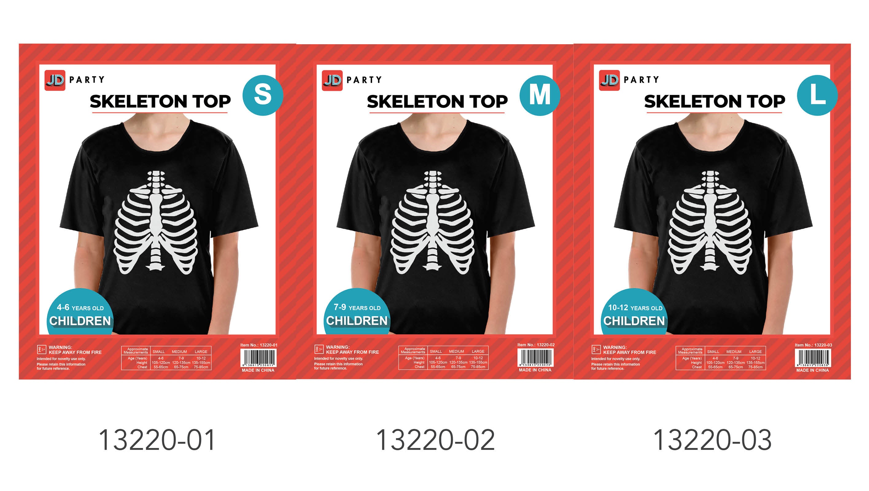 Black short sleeve top; White skeleton ribcage print on front; Round neckline; Available in sizes S, M, L; Packaging shows age ranges 4-6, 7-9, 10-12 years;