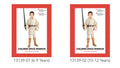 cream coloured top and pants; brown printed boot covers; brown belt with silver buckle; child wearing costume holding toy sword;