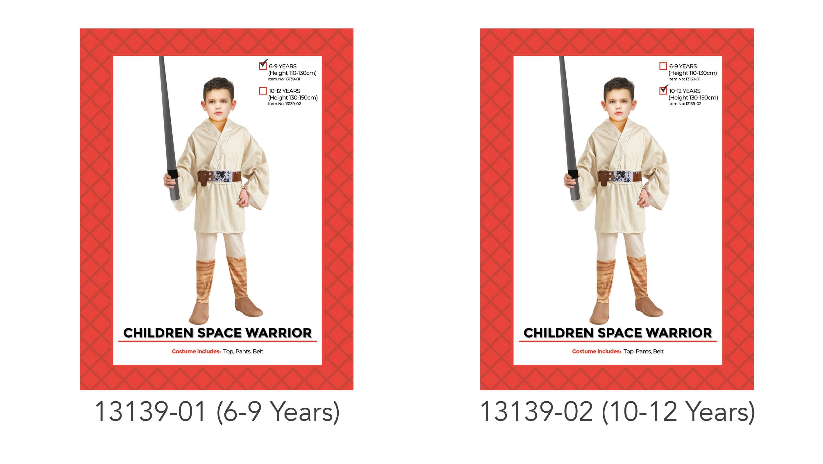 cream coloured top and pants; brown printed boot covers; brown belt with silver buckle; child wearing costume holding toy sword;