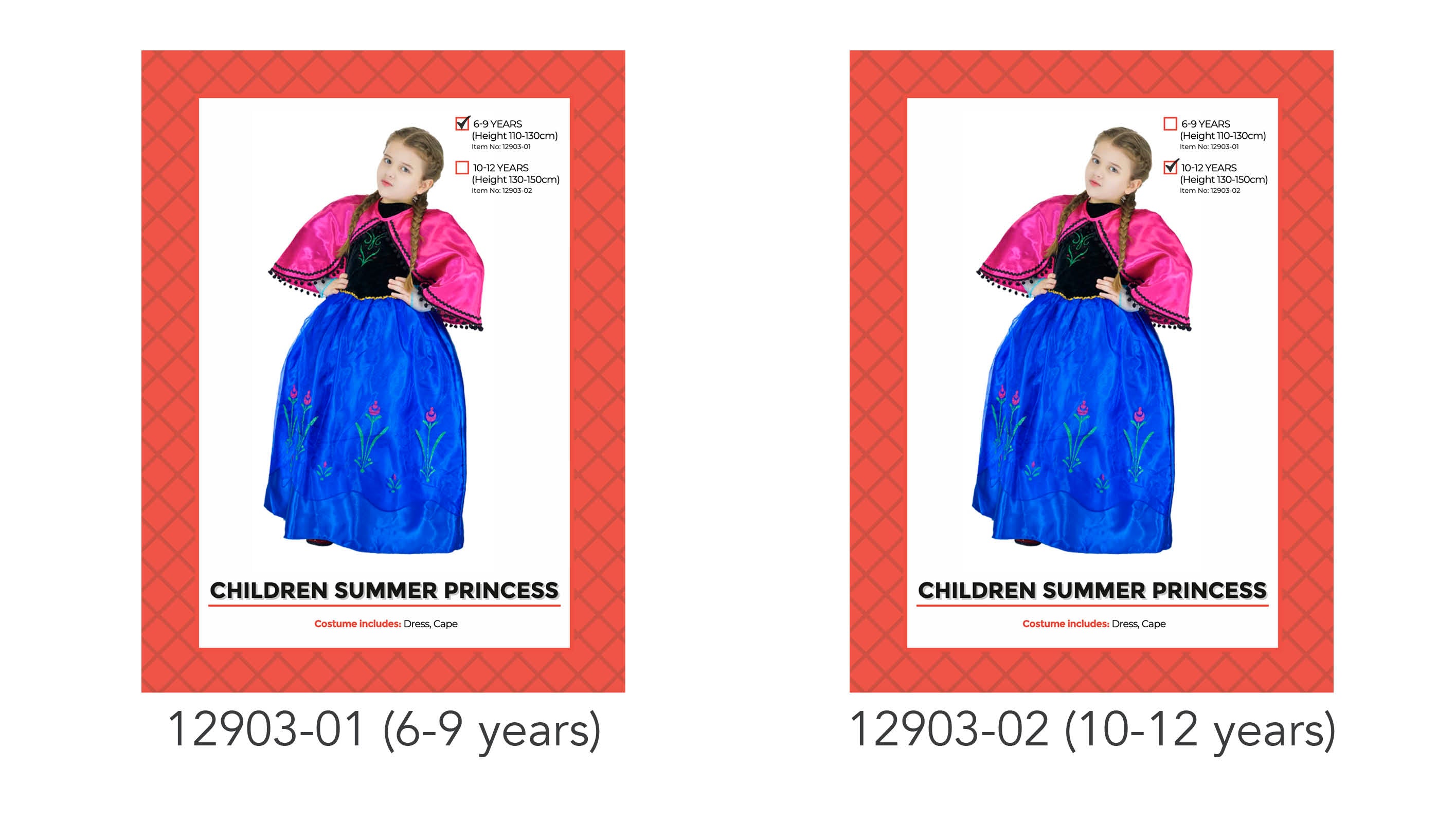 Bright blue long dress with floral embroidery; Vivid pink cape with black trim detail; Black bodice with green and gold embroidery; Designed for children aged 10-12 years;