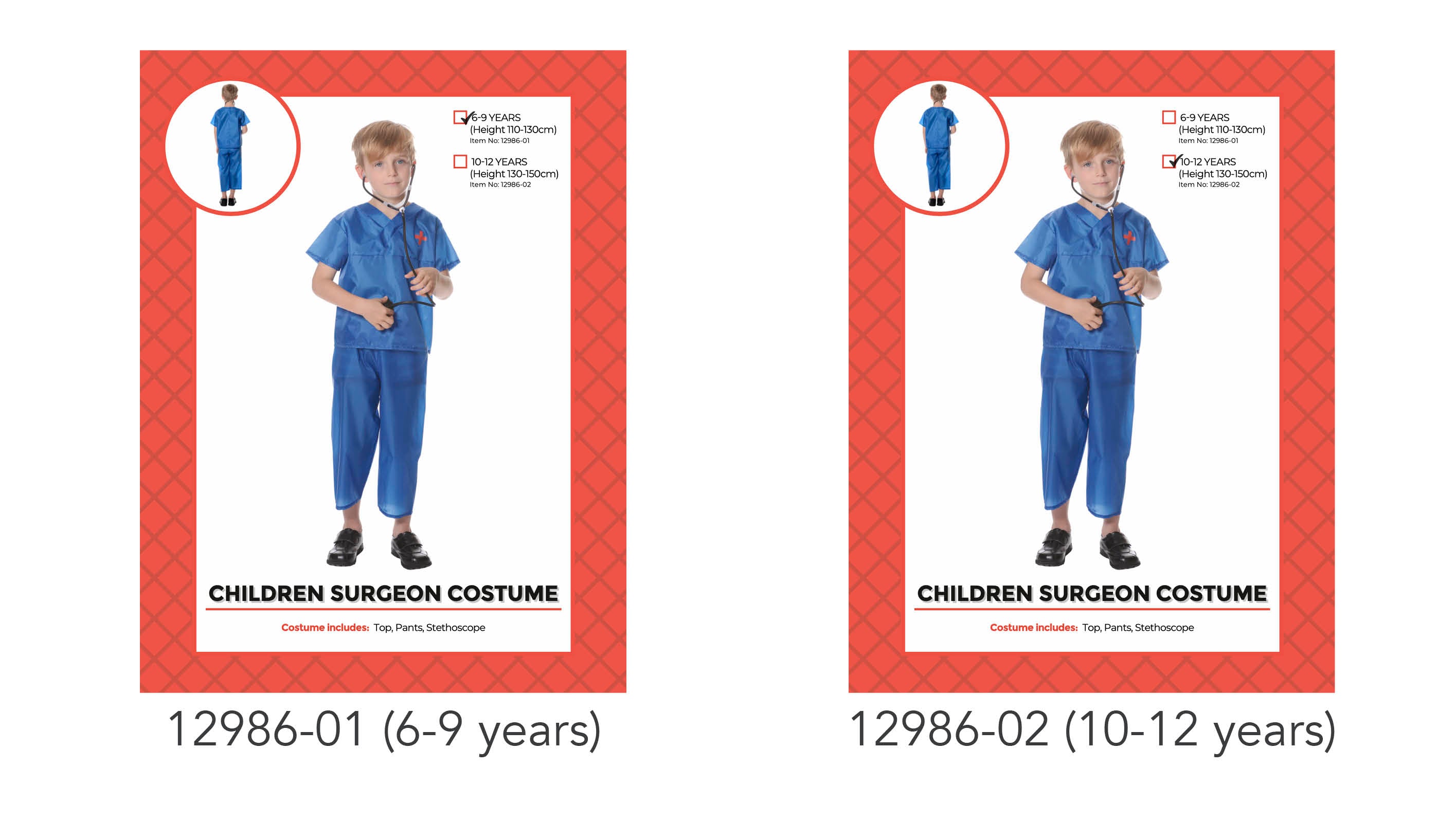 Blue short sleeve top and pants; Red cross emblem on top; Includes black stethoscope accessory; Shown on child model; Standard loose fit costume;
