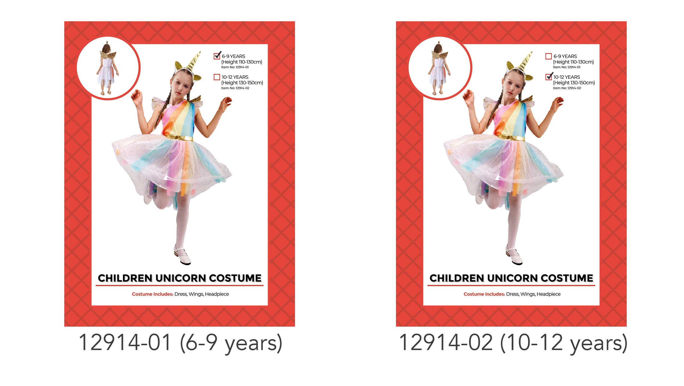 Rainbow multicolour dress; Gold unicorn horn and ears headpiece; Attached gold wings; Tulle skirt with glitter accents; Sleeveless dress design;
