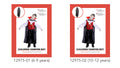 Red and black patterned vest top; White long sleeves with ruffled cuffs; Black cloak with red collar; Gold pendant necklace; Black trousers visible underneath;