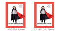 Black cape with red satin interior and high collar; White satin-effect vest with shirt front; Black pants as part of costume; Gold necklace accessory included; Two size options for 6-9 years and 10-12 years;