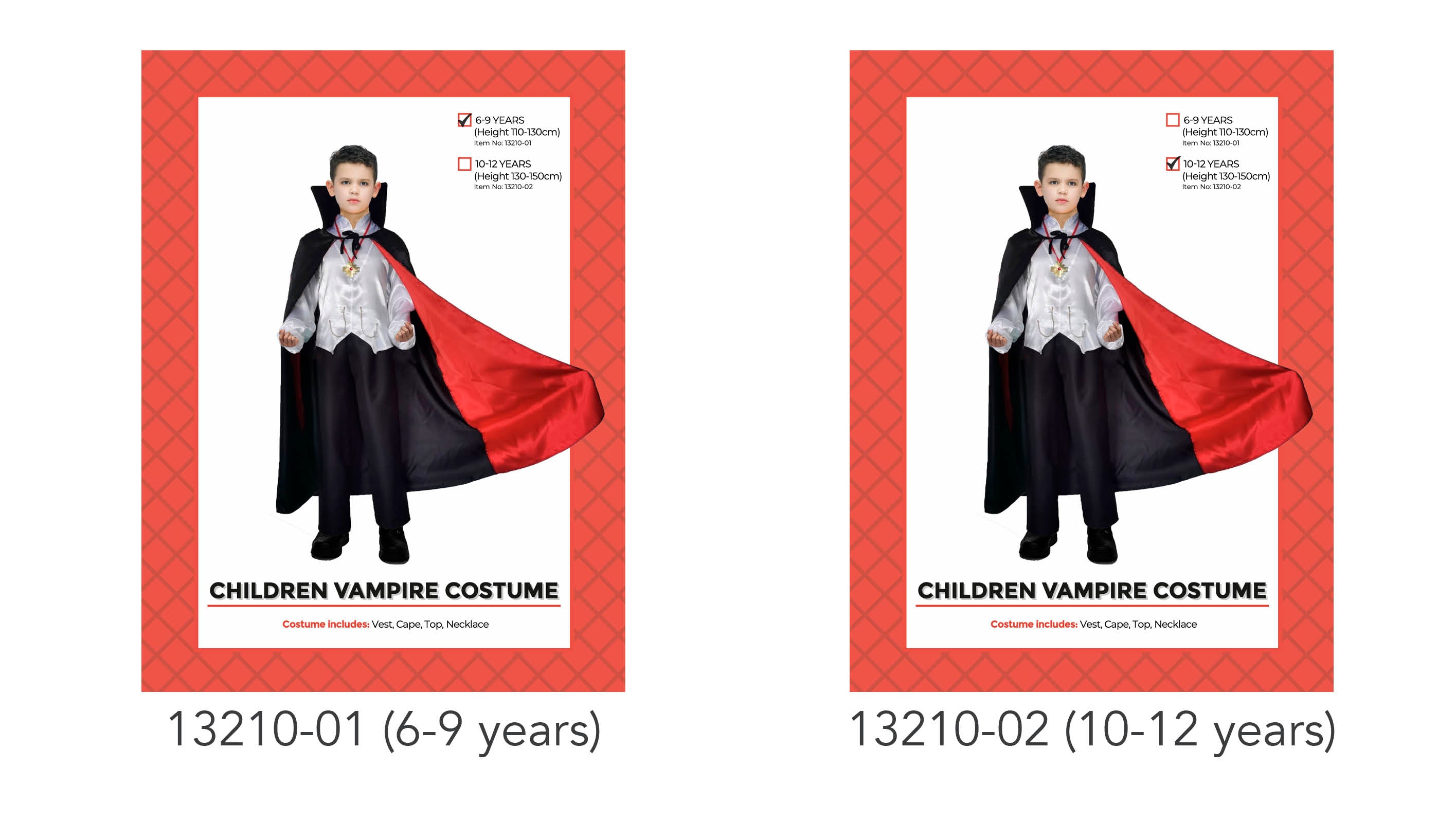 Black cape with red satin interior and high collar; White satin-effect vest with shirt front; Black pants as part of costume; Gold necklace accessory included; Two size options for 6-9 years and 10-12 years;