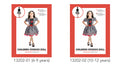 black and white harlequin pattern dress; red heart and bow details on dress; puffed sleeves and flared skirt; headband with matching pattern and bow;
