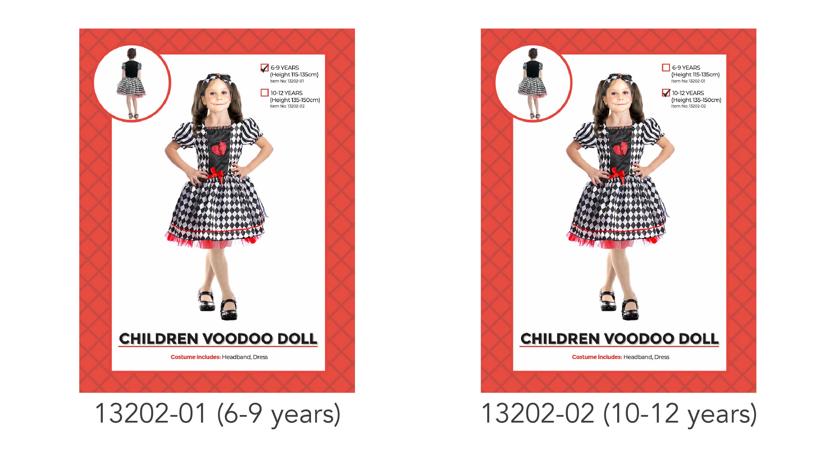 black and white harlequin pattern dress; red heart and bow details on dress; puffed sleeves and flared skirt; headband with matching pattern and bow;