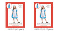 Blue dress with puffed sleeves; White apron with card suit symbols; Matching blue bow headpiece; Available in two sizes for children 6-9 and 10-12 years;