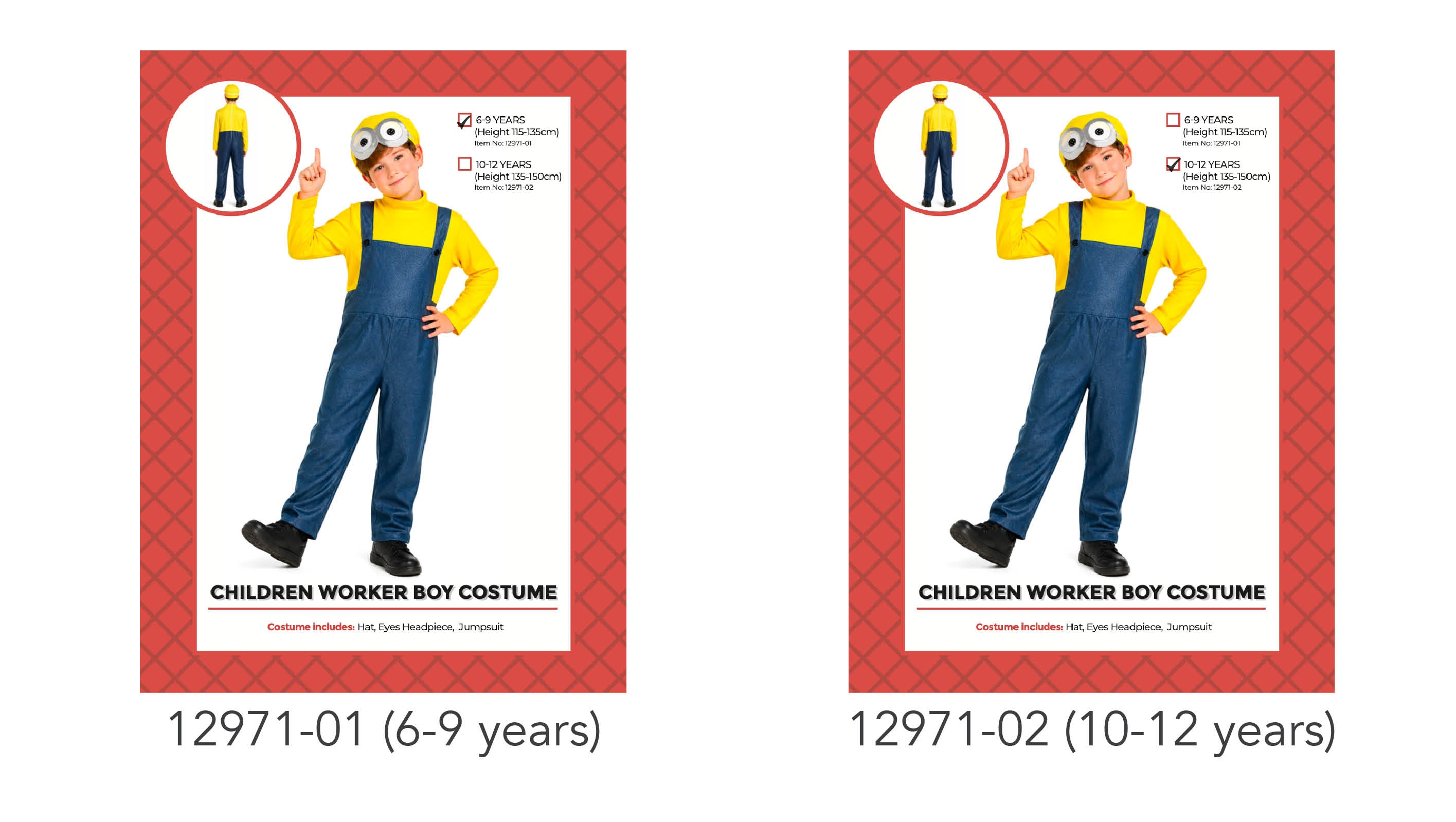 Yellow long-sleeve top with blue jumpsuit overalls; Includes yellow helmet hat and goggles eye headpiece; Jumpsuit has shoulder straps and full-length pants; Suitable for children aged 6 to 12 years;