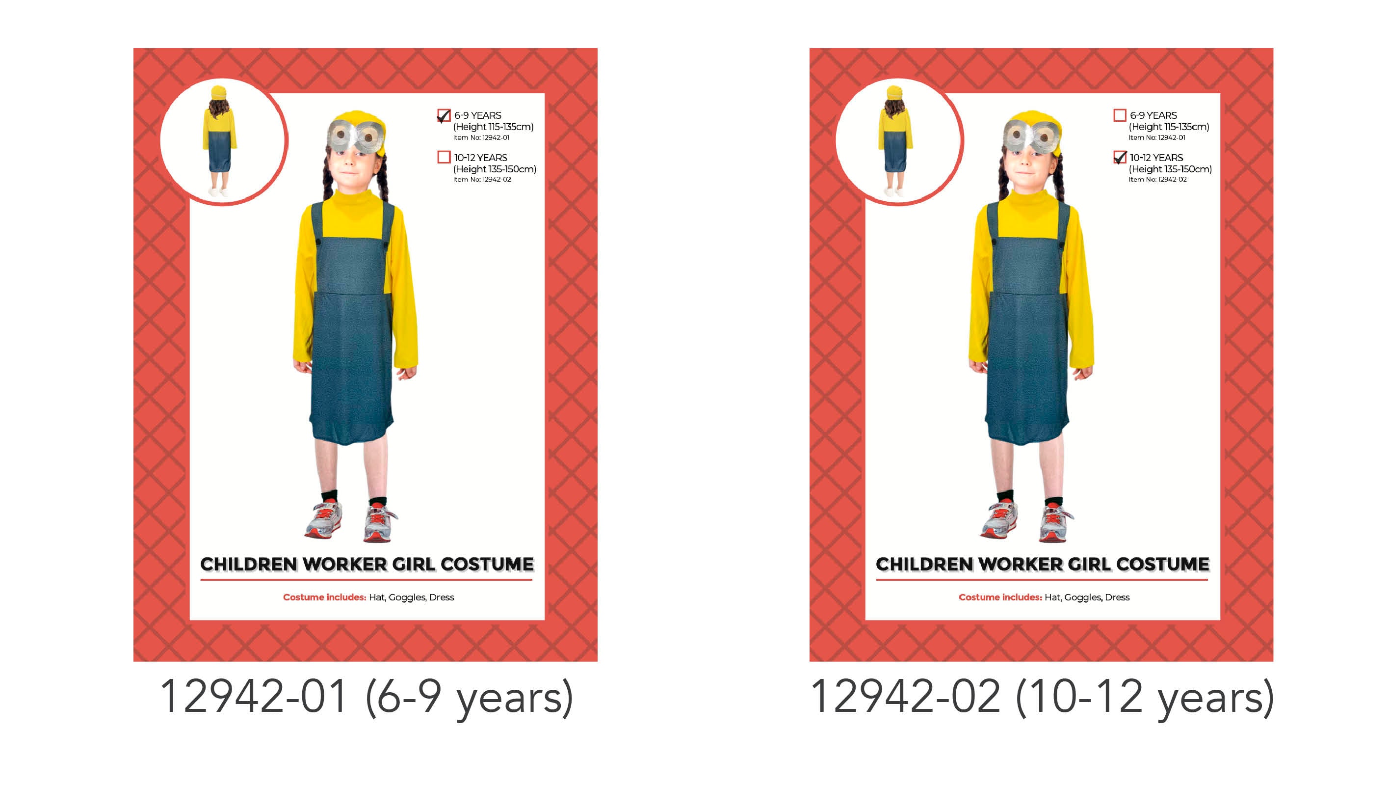 yellow long-sleeve top; blue dress with suspenders; yellow hat; large round goggles; child model wearing costume;