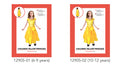 yellow full-length dress; satin-like shiny fabric; cap sleeves; bow detail at chest; available in two sizes for ages 6-9 and 10-12;
