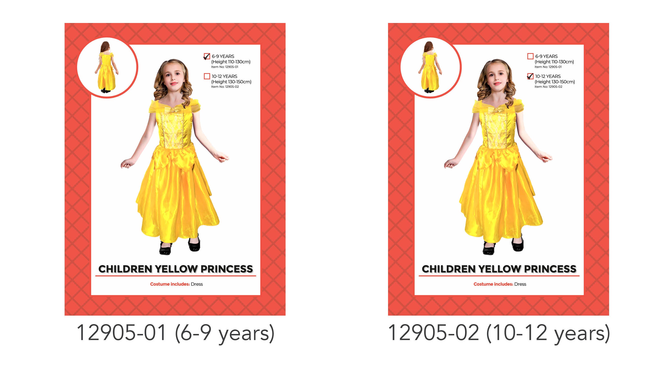 yellow full-length dress; satin-like shiny fabric; cap sleeves; bow detail at chest; available in two sizes for ages 6-9 and 10-12;