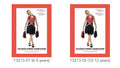 red and black sleeveless dress; white and red 'ZOMBIE' print on chest; jagged hem skirt; black and red pom poms included; model shown with braided hair;