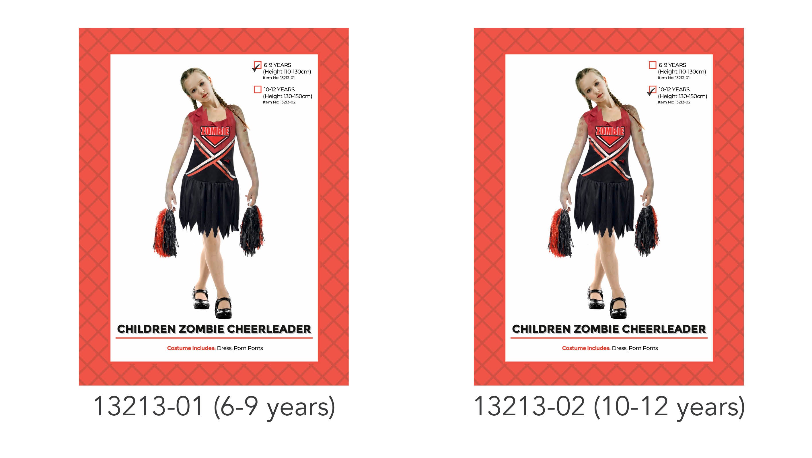 red and black sleeveless dress; white and red 'ZOMBIE' print on chest; jagged hem skirt; black and red pom poms included; model shown with braided hair;