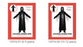 Black long tunic with tattered hanging sleeve details; Printed grim zombie face on tunic front; Includes skull-like mask with red eyes; Matching black gloves included; Two size options shown on packaging;