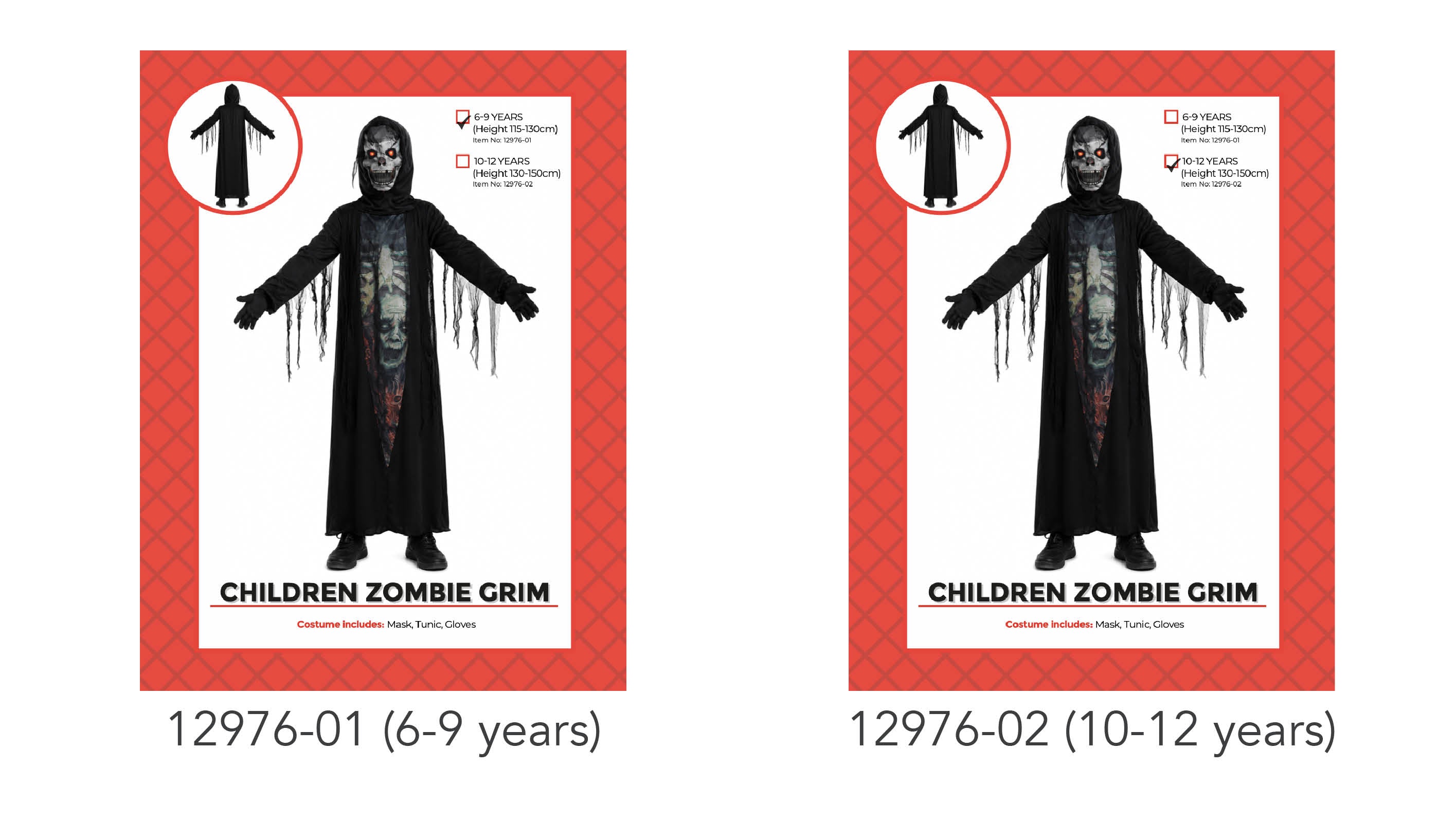 Black long tunic with tattered hanging sleeve details; Printed grim zombie face on tunic front; Includes skull-like mask with red eyes; Matching black gloves included; Two size options shown on packaging;