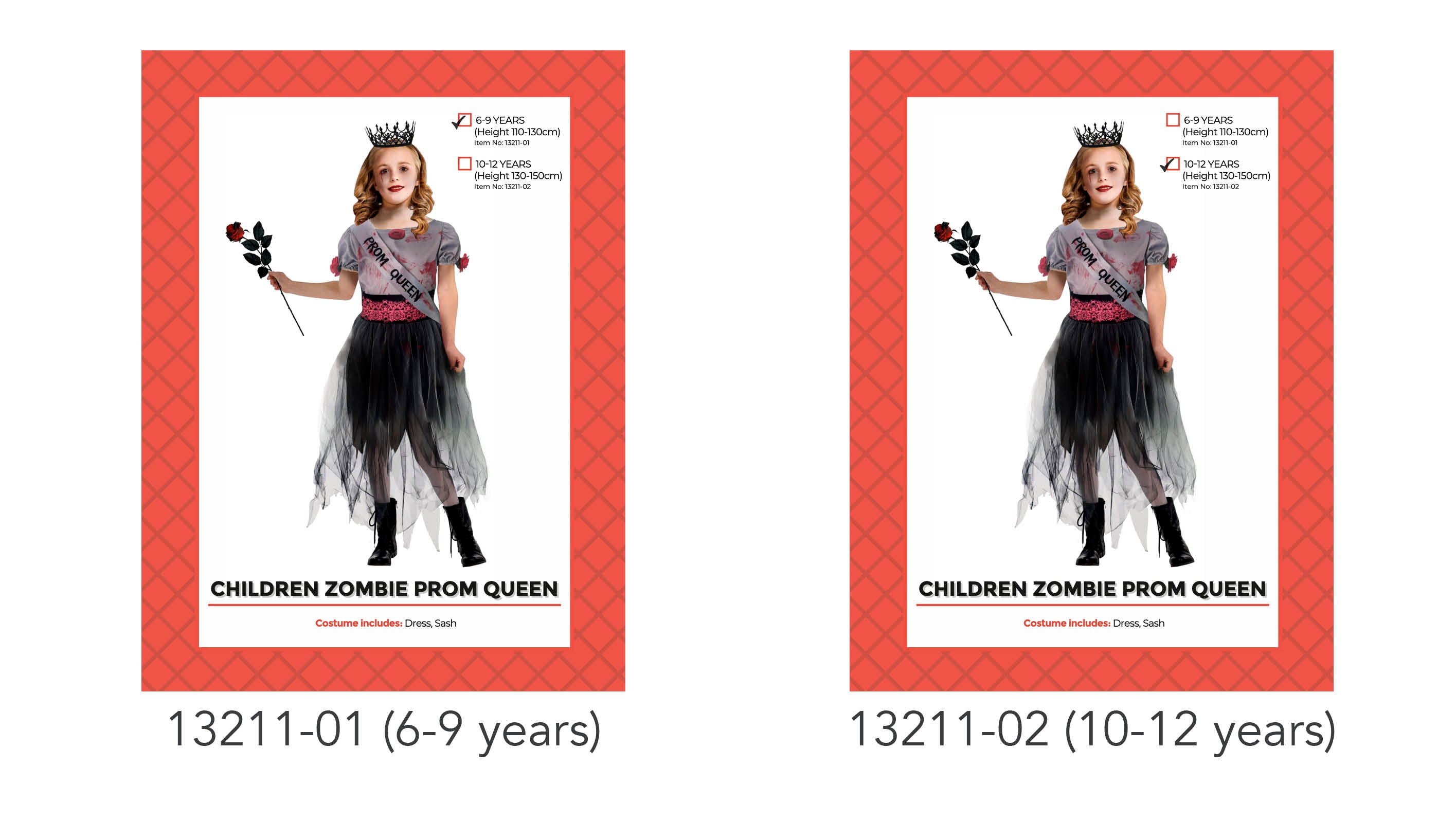 grey top with Prom Queen sash; black tattered skirt with red accents; rose details on sleeves and sash; includes prom queen sash; child model wearing black boots;