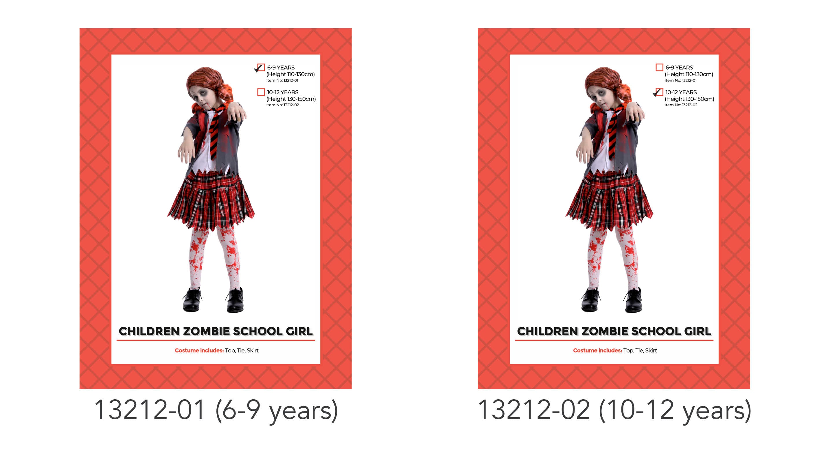red and black plaid skirt; black and grey torn top with blood stains; red and black striped tie; blood-stained white leggings; two size options shown: 6-9 years and 10-12 years;