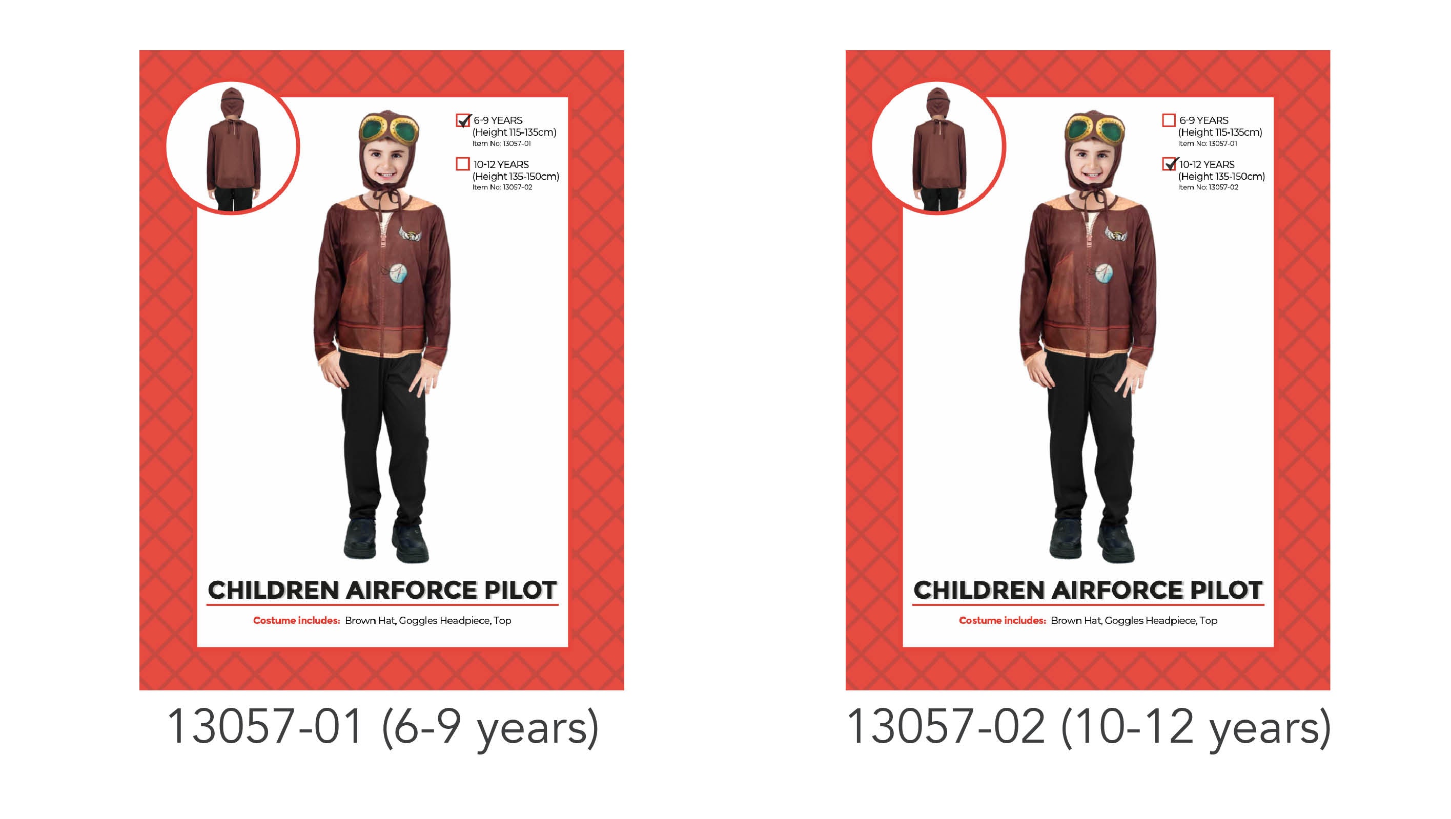 brown pilot jacket print top; brown hat with goggles headpiece; black pants; kids size options 6-9 and 10-12 years;