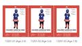 blue top with white star on chest; red and white striped lower top section; blue pants with red boot covers; blue mask with white letter A;