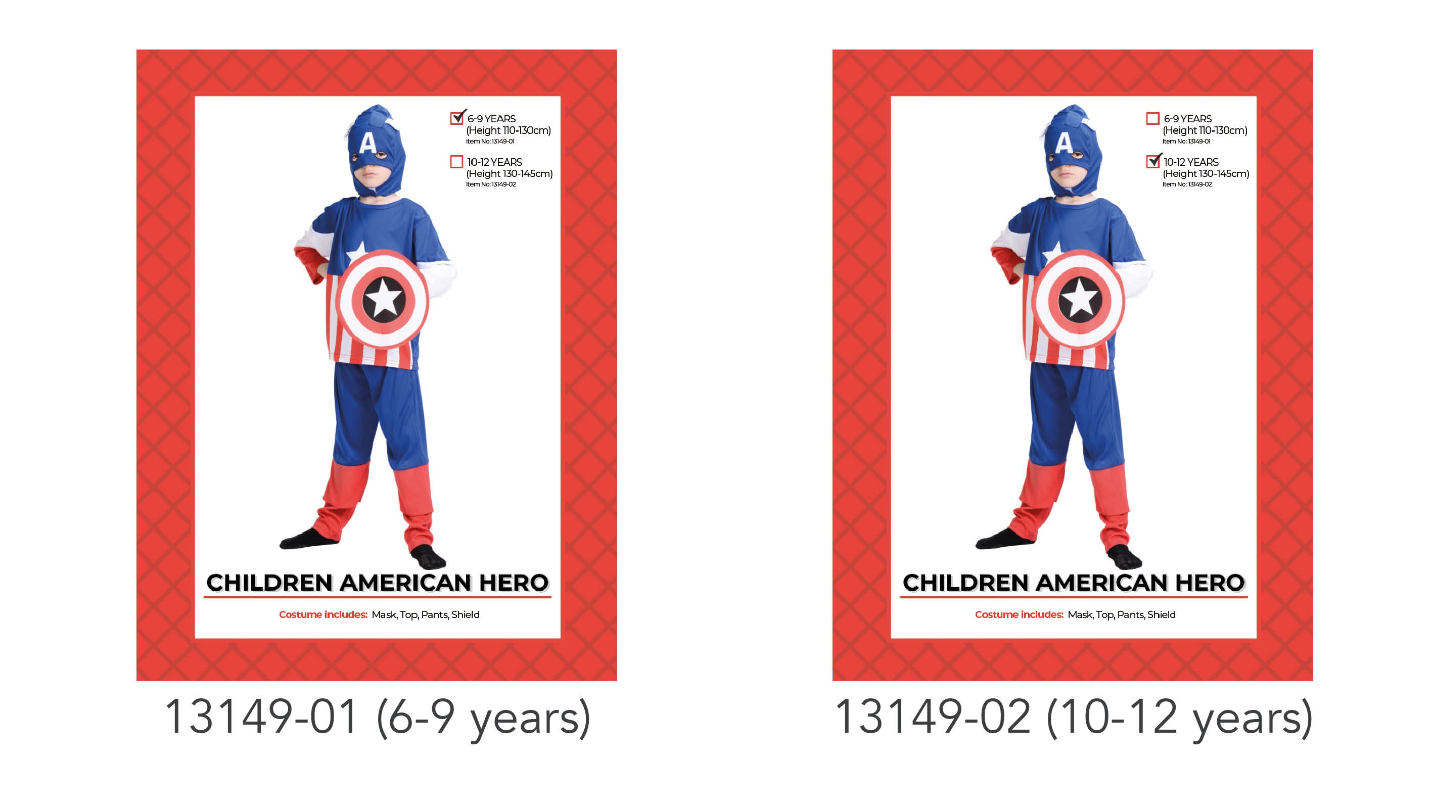 Blue, red, and white colour scheme; Includes mask, top, pants, and shield; Star emblem on shield and top; Full face mask with eye openings;