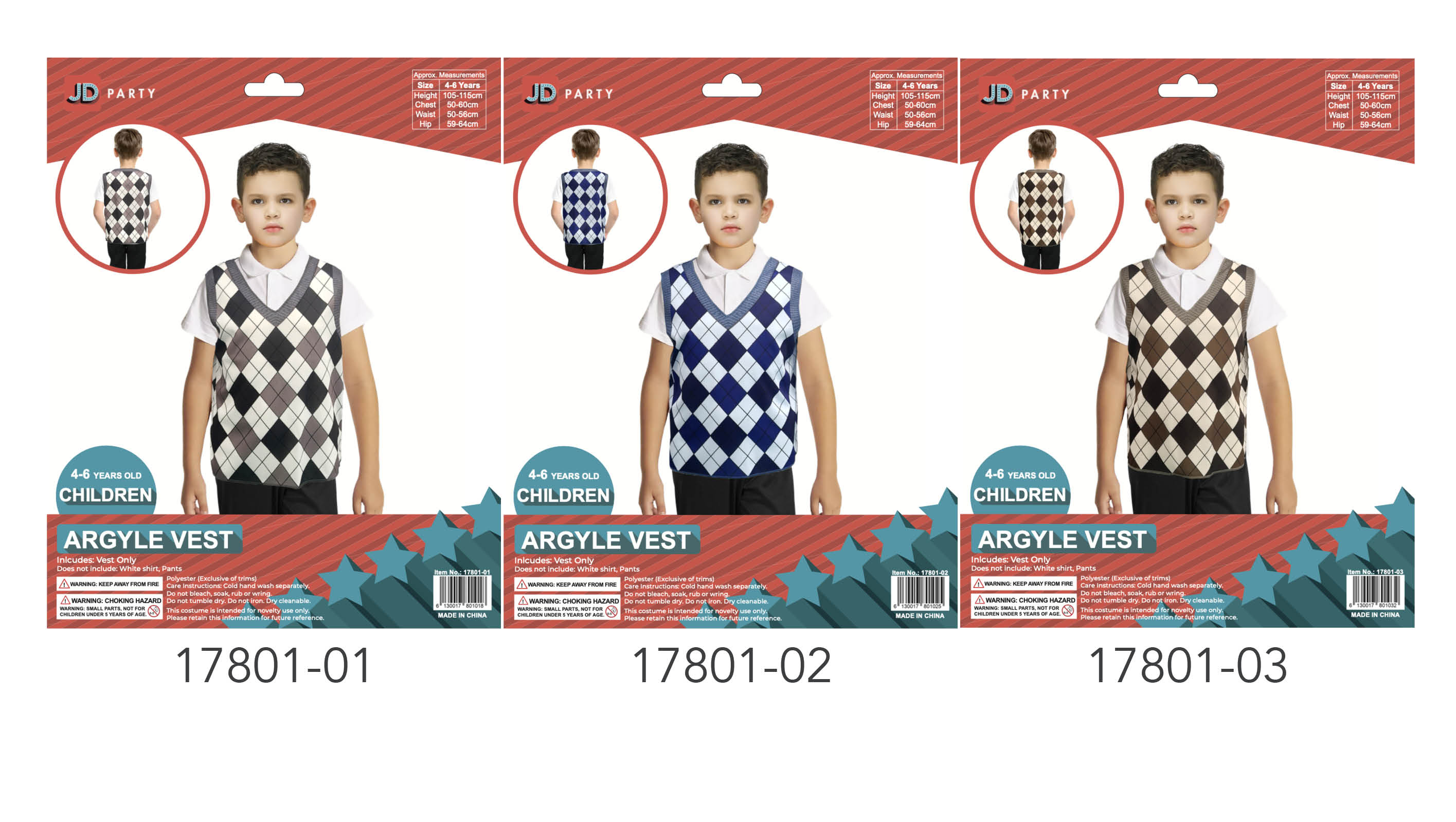 Argyle plaid pattern; Sleeveless sweater vest; Grey, navy, and brown colour options; Knit fabric appearance; Children aged 4-6 model on packaging;