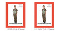 camouflage pattern in green, brown, and black; includes hat, short-sleeve top, and long pants; design with 'ARMY' printed on the top; available in sizes for 6-9 years and 10-12 years;