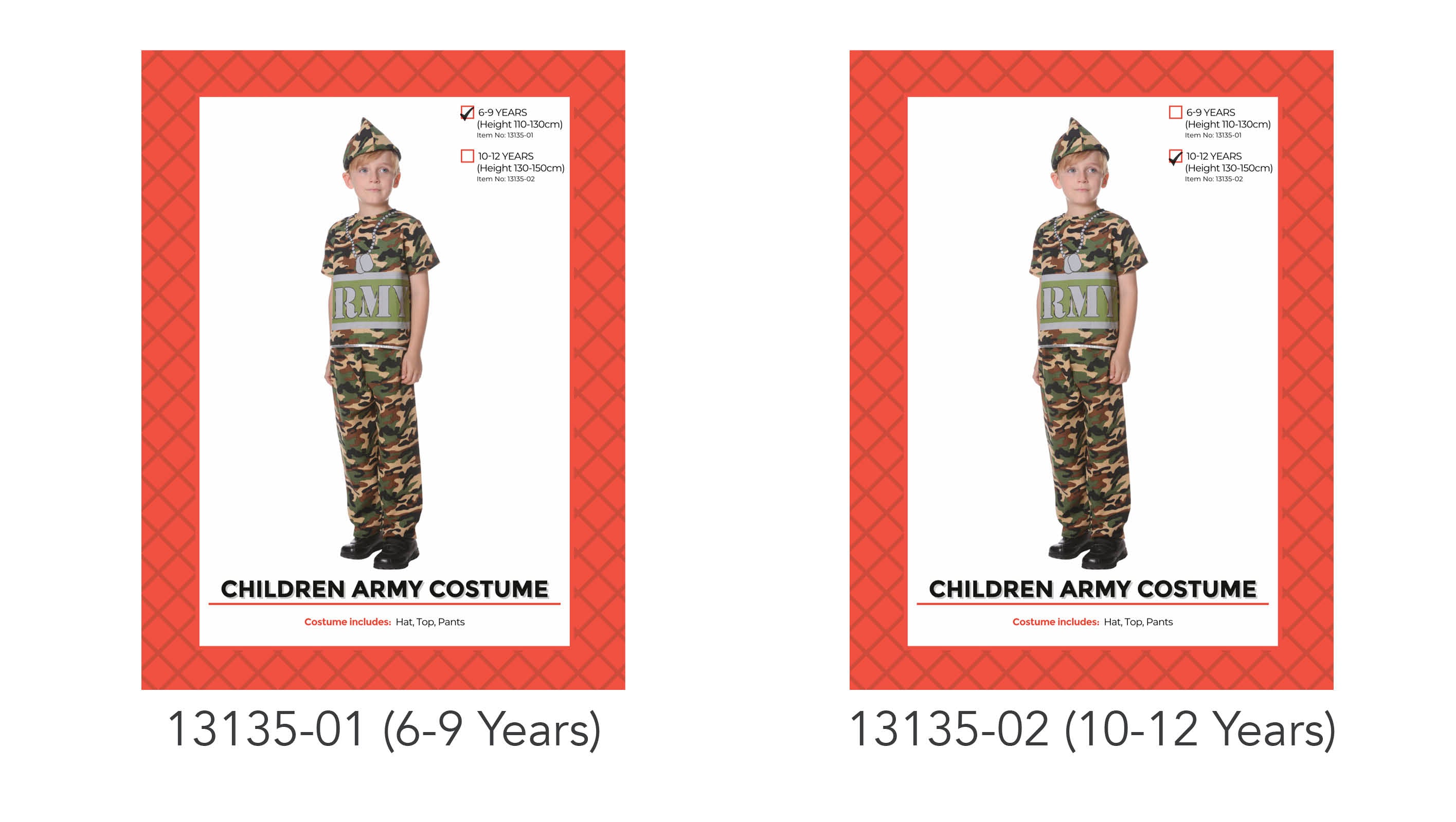 camouflage pattern in green, brown, and black; includes hat, short-sleeve top, and long pants; design with 'ARMY' printed on the top; available in sizes for 6-9 years and 10-12 years;