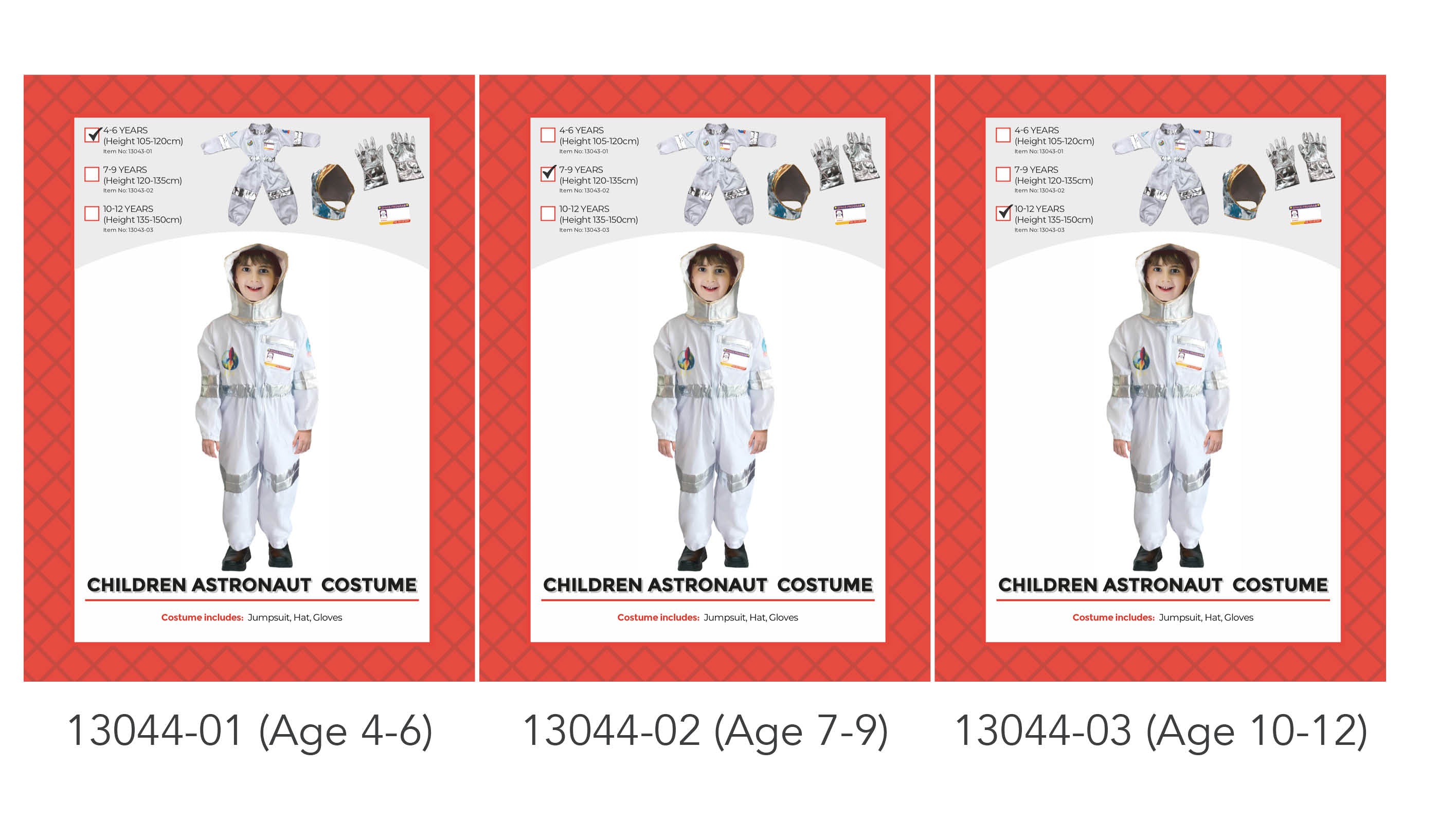 Silver and white jumpsuit with reflective bands; Includes gloves and astronaut-style hat; Available in sizes for different age groups; Jumpsuit has zipper front; Product shown worn by child model;