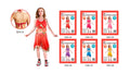 Child dressed in belly dancer costume; Red costume with gold coin decorations; Top ties at the back; Skirt is flowy and uneven haem; Available in multiple colours as shown on packs;