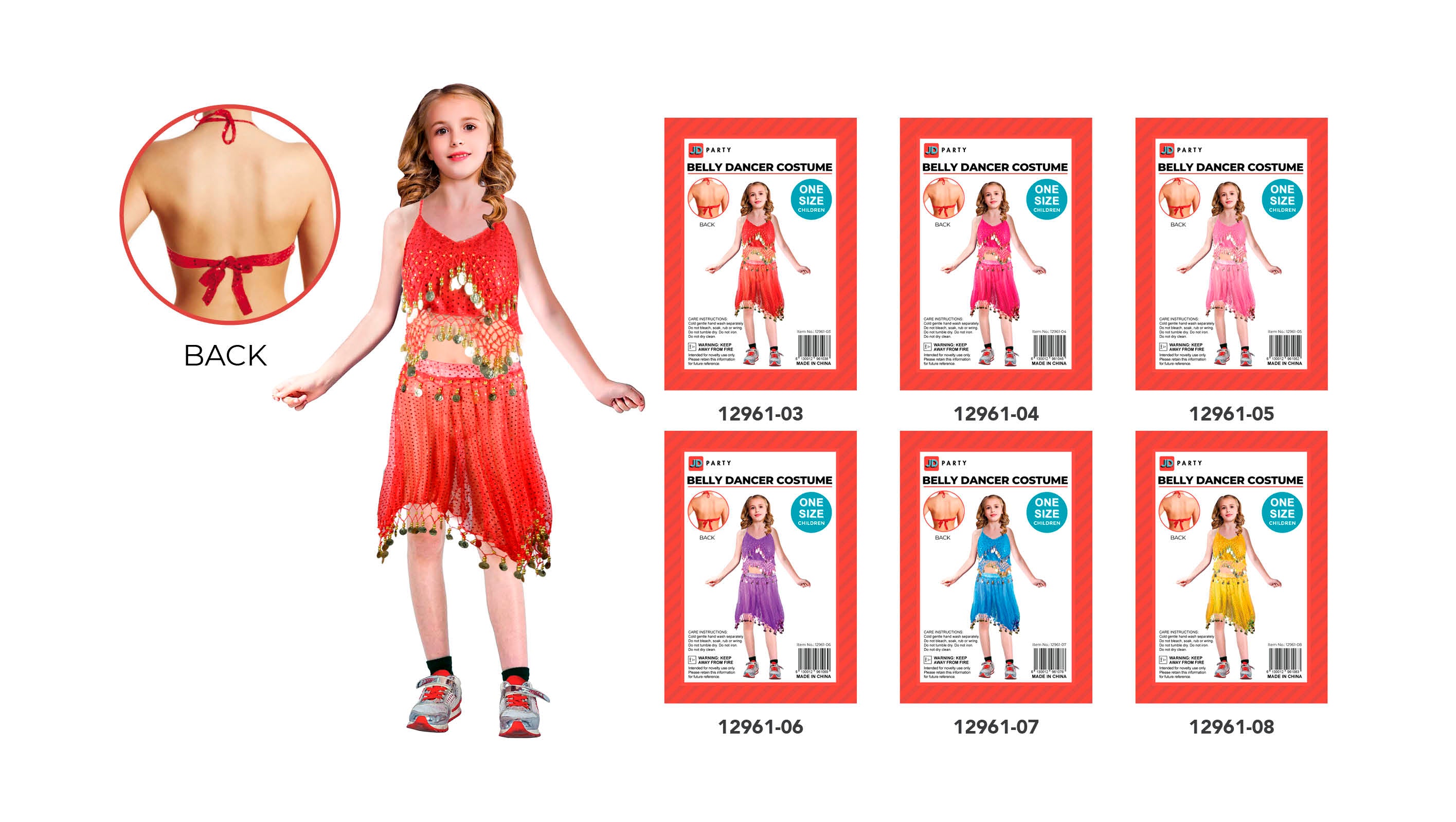 Child dressed in belly dancer costume; Red costume with gold coin decorations; Top ties at the back; Skirt is flowy and uneven haem; Available in multiple colours as shown on packs;
