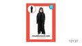 black long cape with hood; children's size, one size fits 130-150cm height; long sleeves; lightweight fabric; plain black colour;