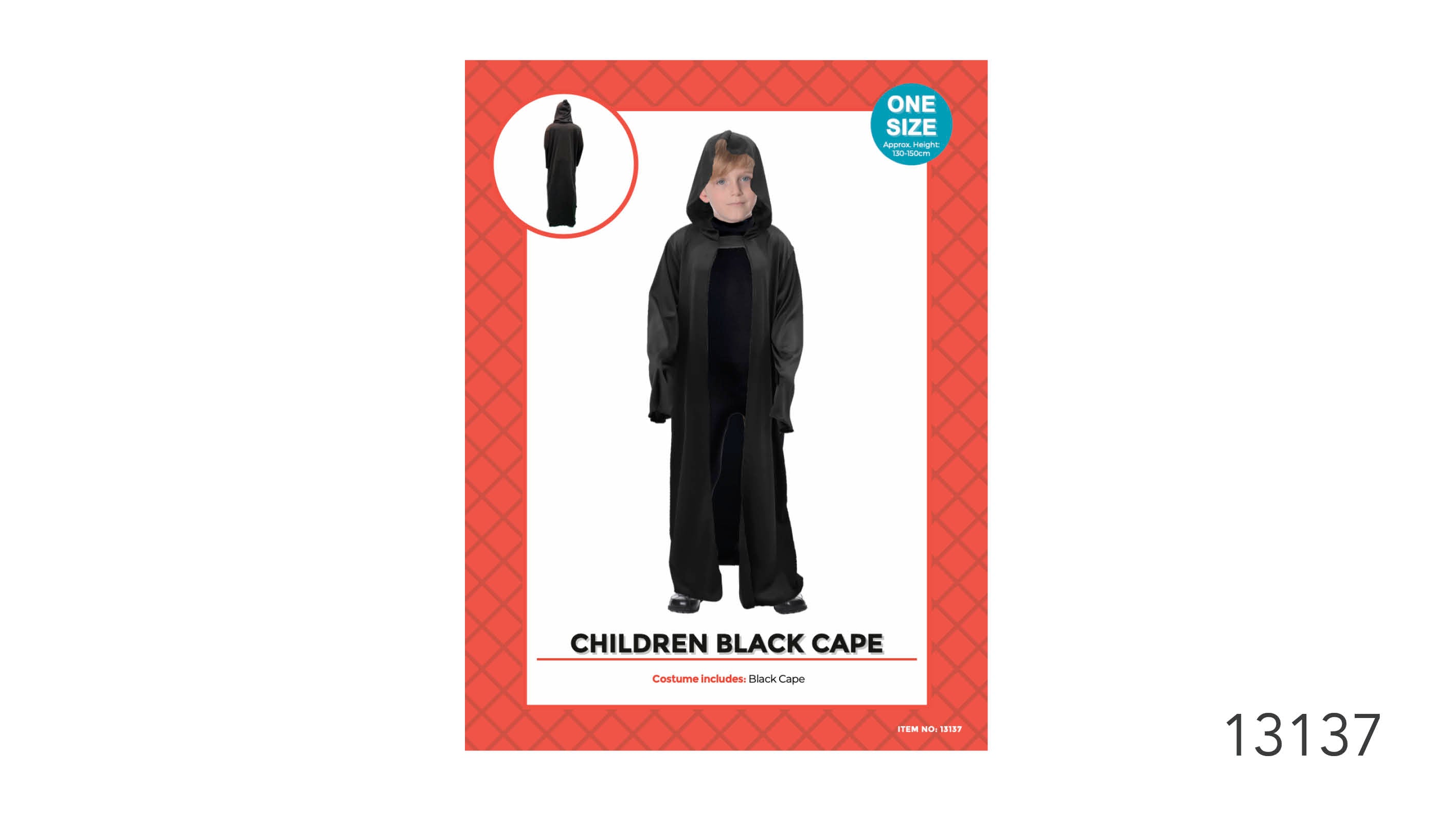 black long cape with hood; children's size, one size fits 130-150cm height; long sleeves; lightweight fabric; plain black colour;