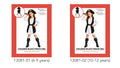 Black and white dress with a black vest; Black belt with a gold-coloured buckle; Black pirate hat with a skull and crossbones design; Costume packaging shows sizes for ages 6–9 and 10–12 years;