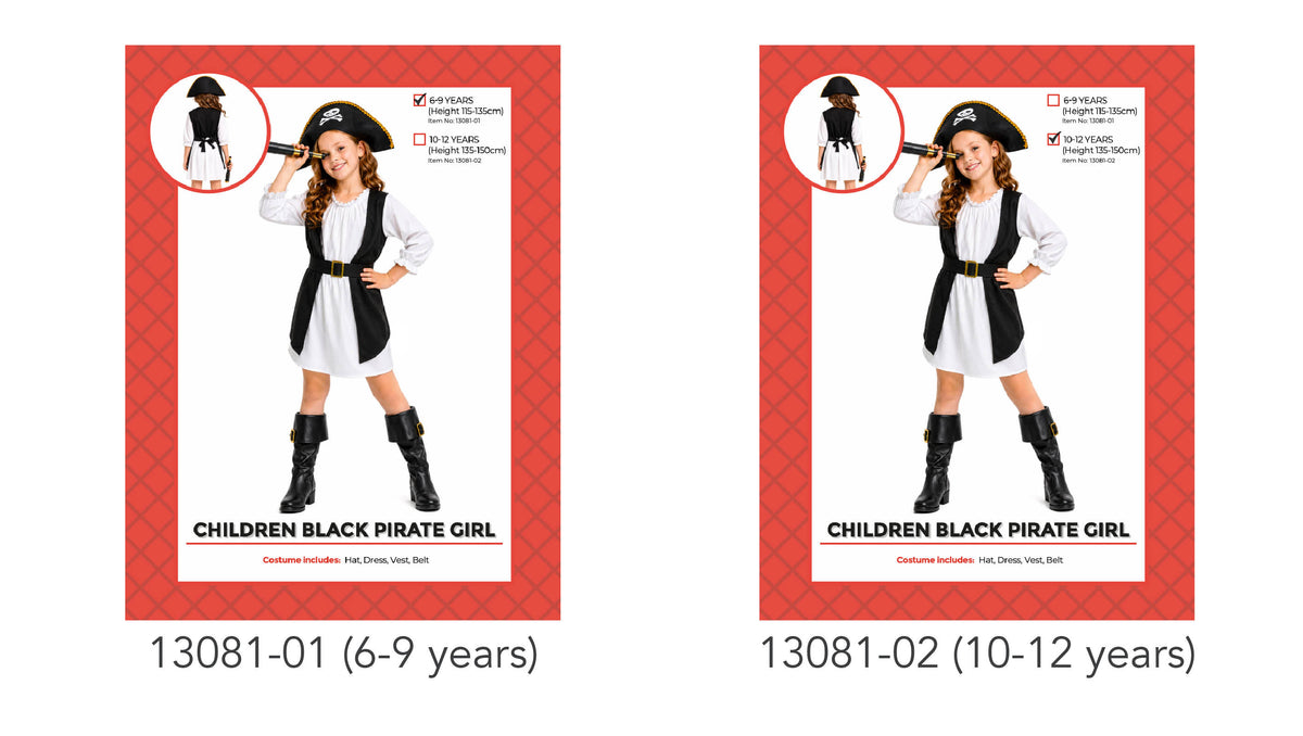 Black and white dress with a black vest; Black belt with a gold-coloured buckle; Black pirate hat with a skull and crossbones design; Costume packaging shows sizes for ages 6–9 and 10–12 years;