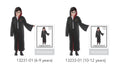 Black robe with red inner lining; Long sleeves with subtle pattern detail; Hooded design; Patch detail on chest; Sizes shown: 6-9 years and 10-12 years;
