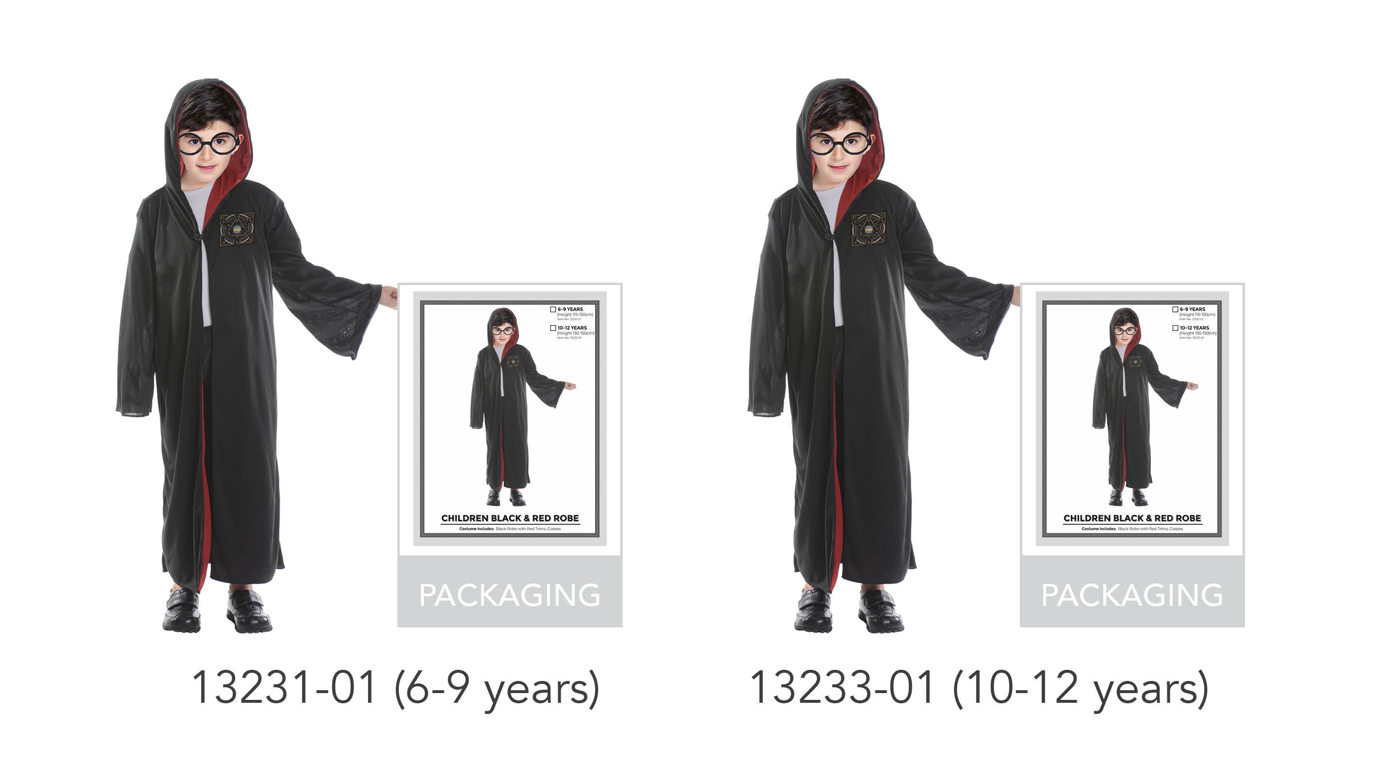 Black robe with red inner lining; Long sleeves with subtle pattern detail; Hooded design; Patch detail on chest; Sizes shown: 6-9 years and 10-12 years;