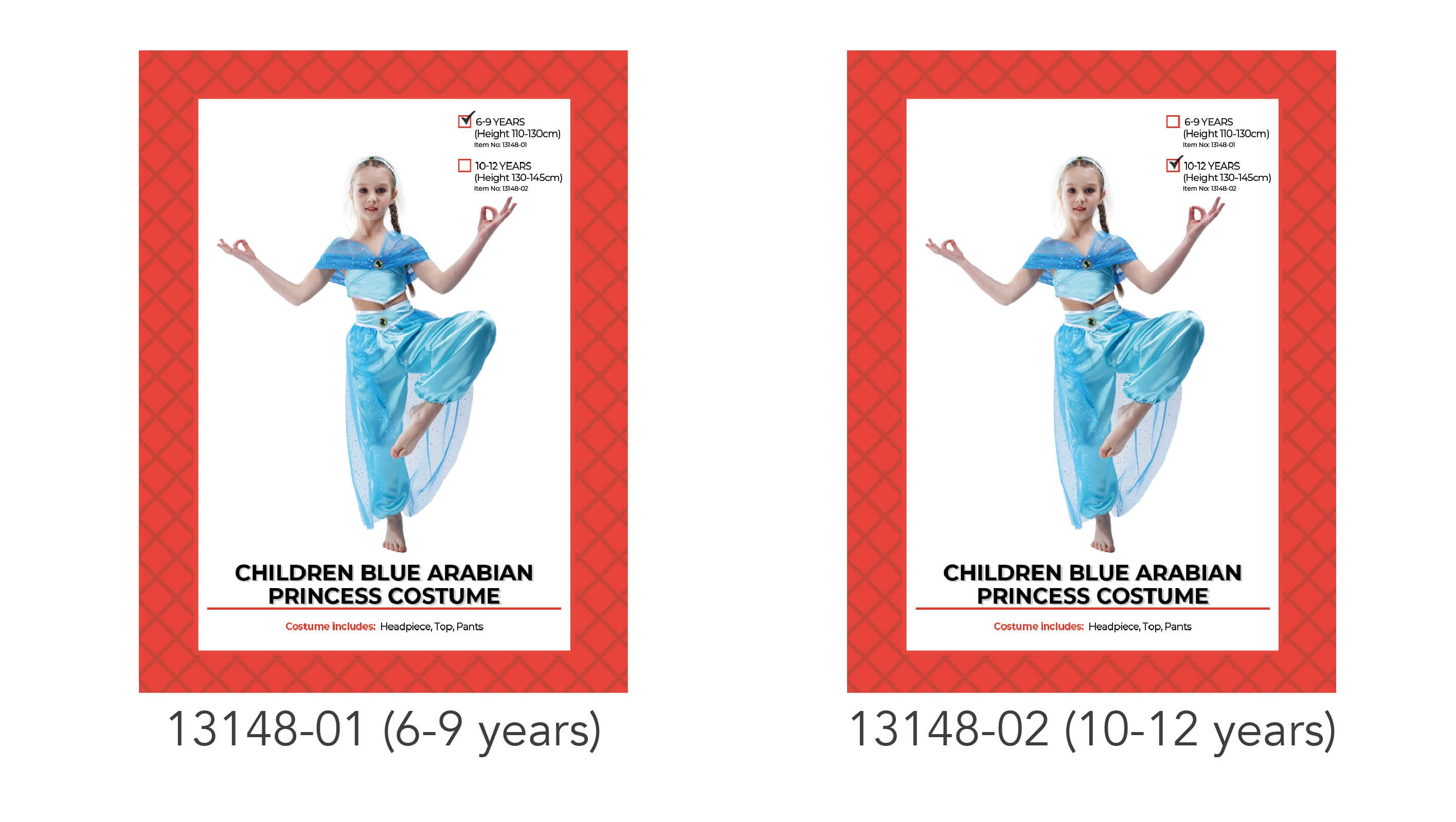 Light blue costume with sparkly overlay; Includes headpiece, top, and pants; Suitable for children aged 6-9 or 10-12 years; Model shown in a yoga pose wearing the costume;