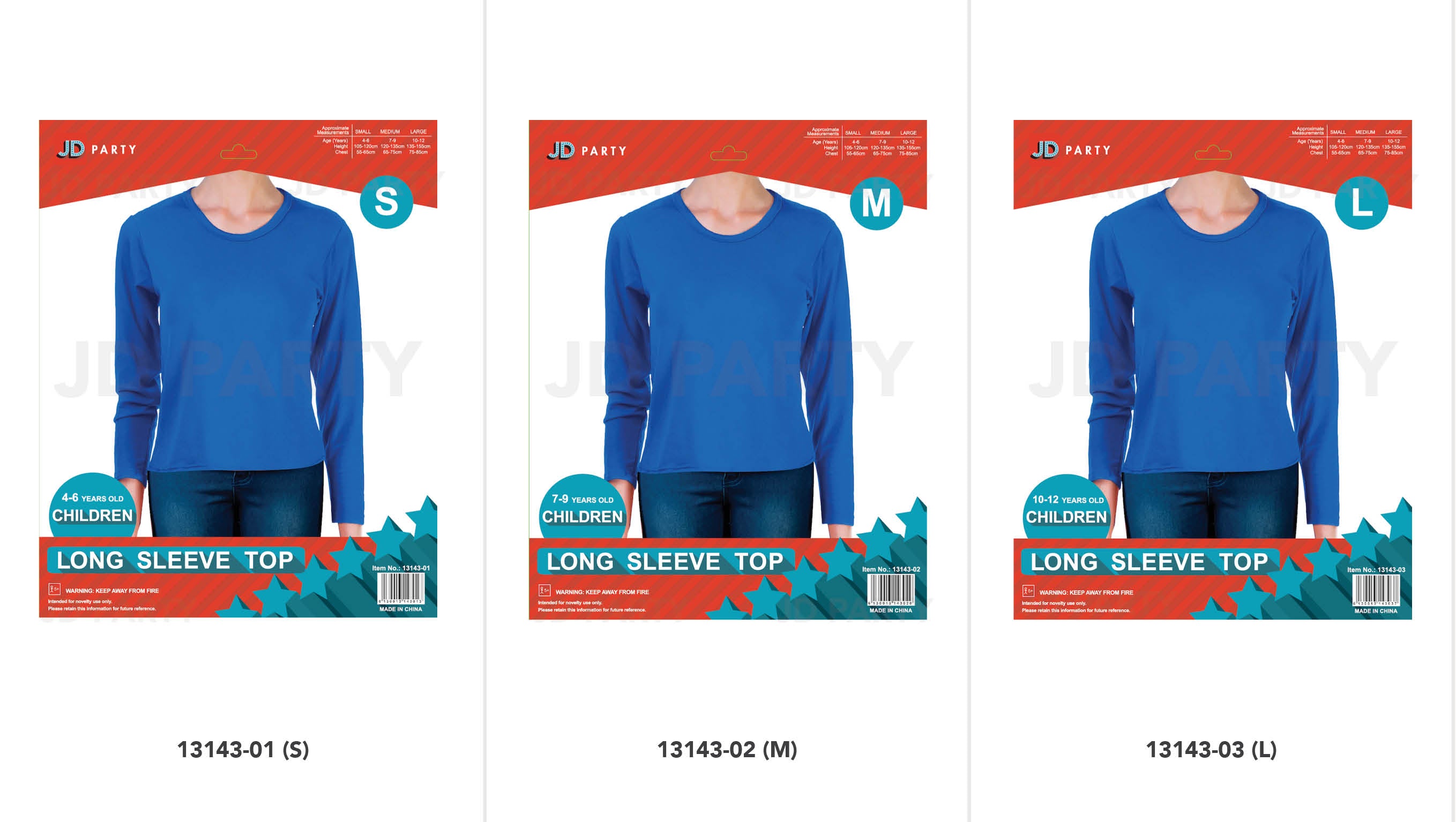 Bright blue colour; Long sleeve design; Crew neckline; Plain front style; Packaging shows size and age range;