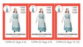 Blue patterned long dress with white apron; Long white sleeves; Matching blue bonnet hat; Available in sizes for ages 4-6, 6-9, 10-12 years;