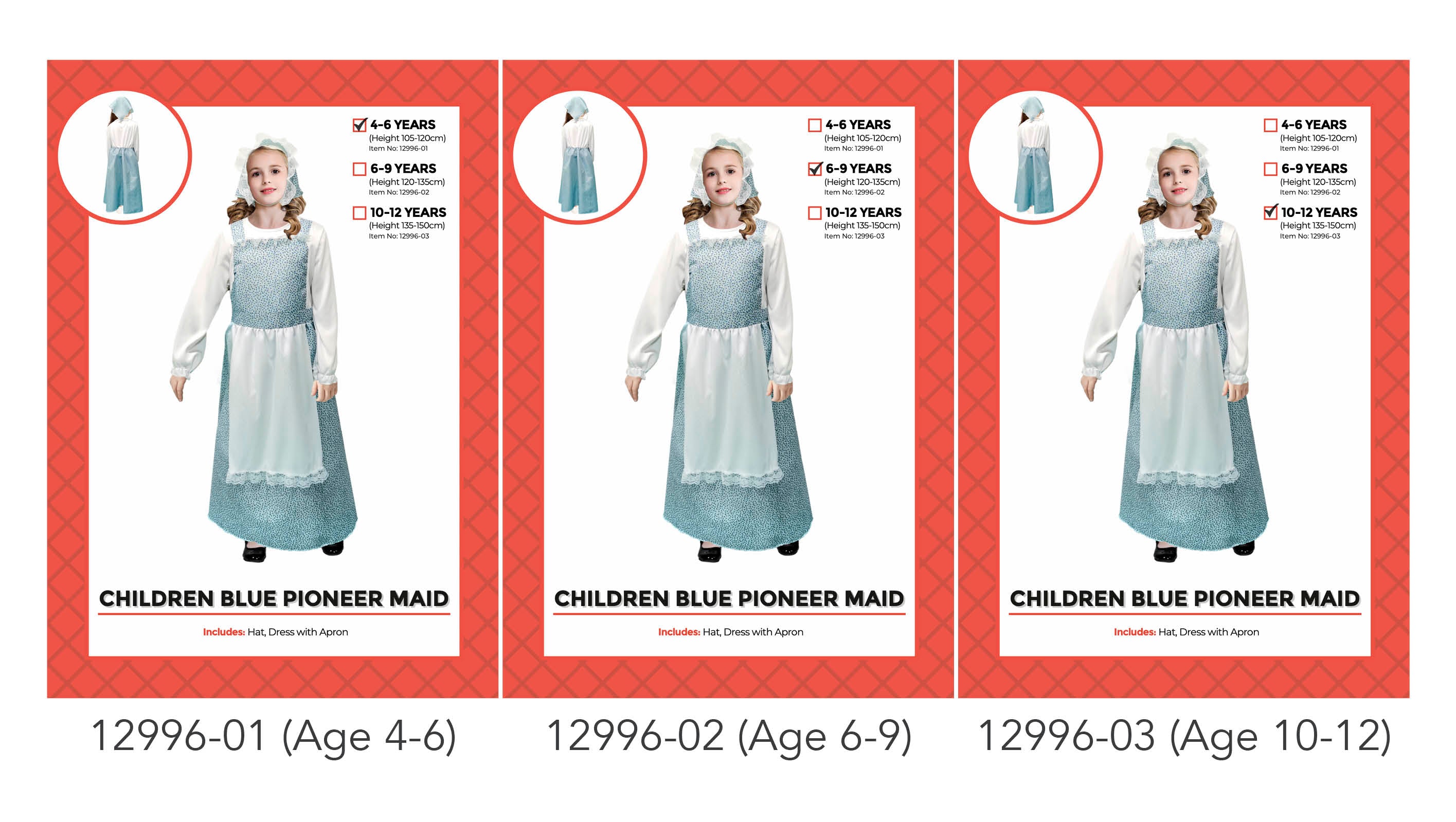 Blue patterned long dress with white apron; Long white sleeves; Matching blue bonnet hat; Available in sizes for ages 4-6, 6-9, 10-12 years;