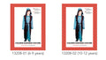 blue and white striped tunic; dark brown vest overlay; includes headpiece; black belt around waist;