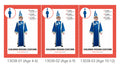 blue and silver wizard tunic; pointed wizard hat with white star and moon; long wide sleeves; child sized costume; celestial design on chest;