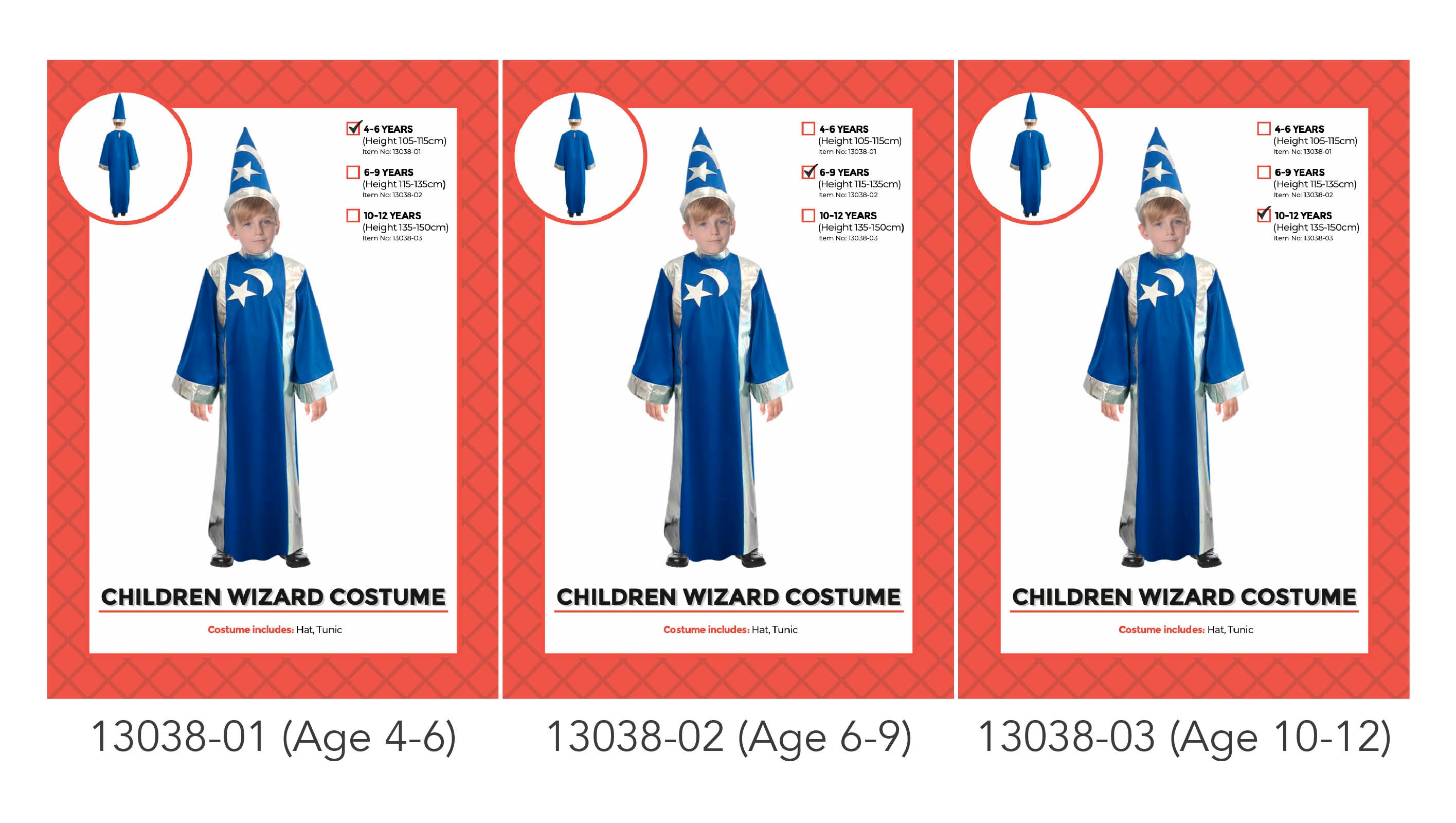 blue and silver wizard tunic; pointed wizard hat with white star and moon; long wide sleeves; child sized costume; celestial design on chest;