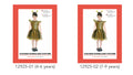 black and yellow striped dress; sheer black and yellow tulle skirt; yellow shoulder ruffles; headband with yellow pom-pom antennae; model wearing black shoes;