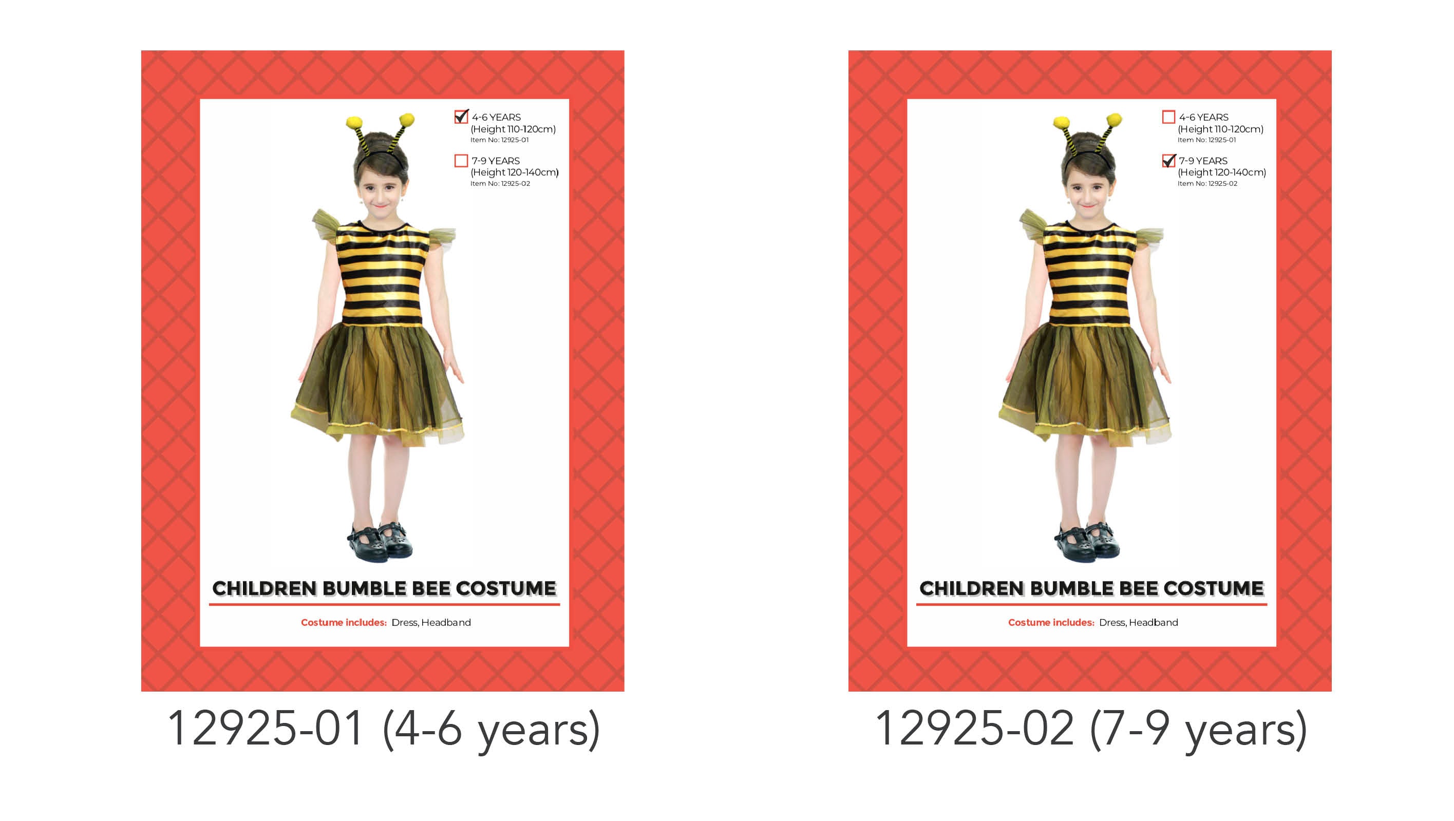 black and yellow striped dress; sheer black and yellow tulle skirt; yellow shoulder ruffles; headband with yellow pom-pom antennae; model wearing black shoes;