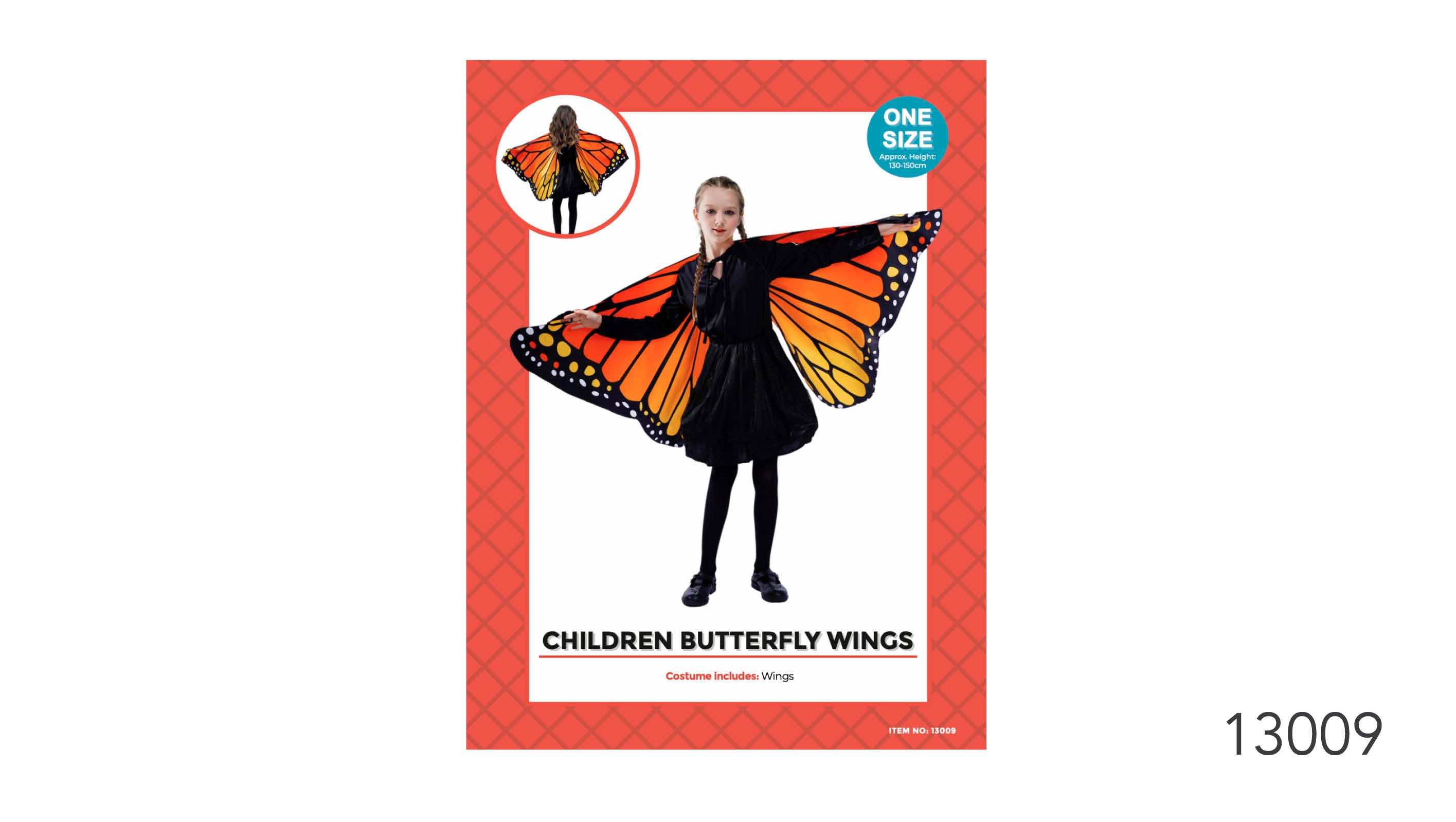 Orange and yellow butterfly wing pattern; One size suitable for children 130-150cm tall; Lightweight fabric material; Worn attached to arms with black wrist loops;